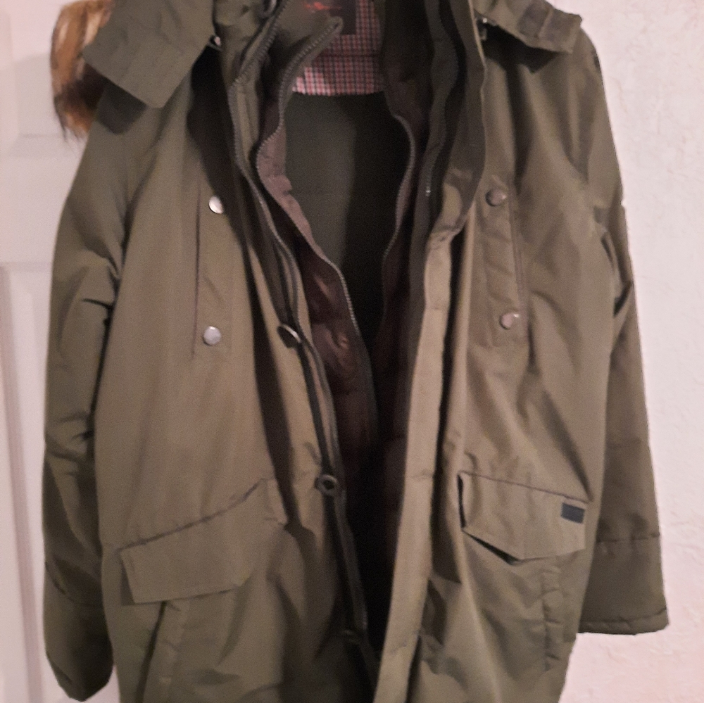 Ben Sherman Winter Coat Jacket w Faux Fur Hooded Green XL